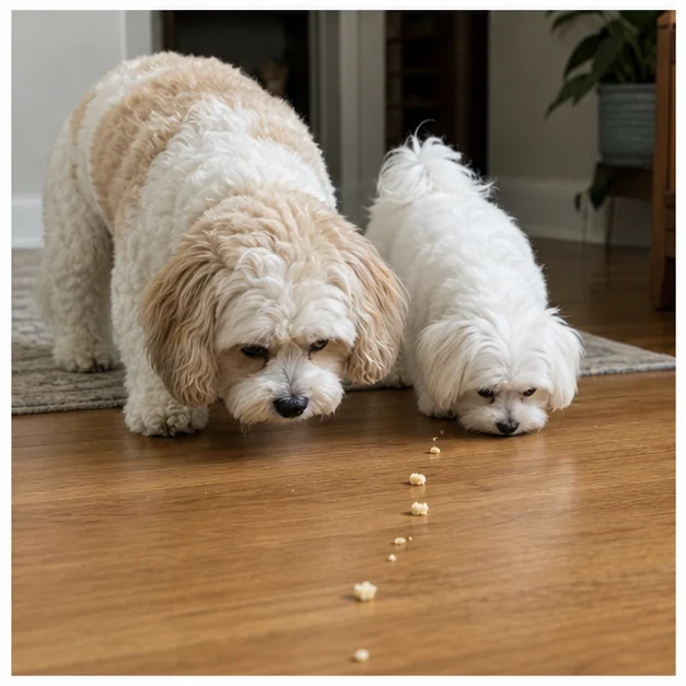 Molly and Shaina study a single crumb on the floor.