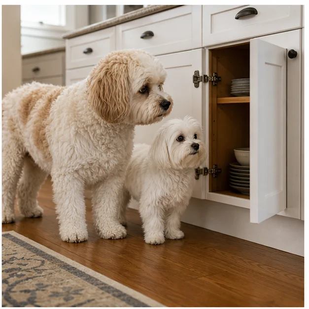 Molly and Shaina look inside an open cabinet.