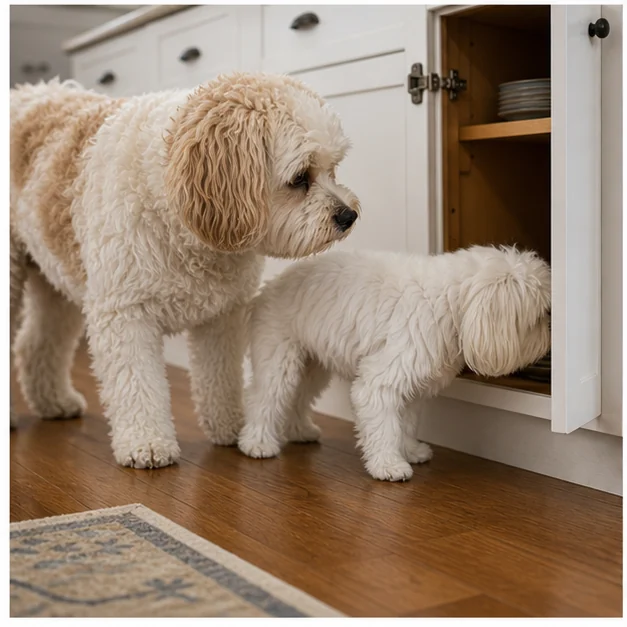 Shaina checks the lower cabinet while Molly watches.