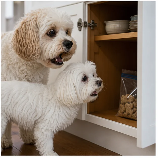 Molly and Shaina find treats inside the cabinet.
