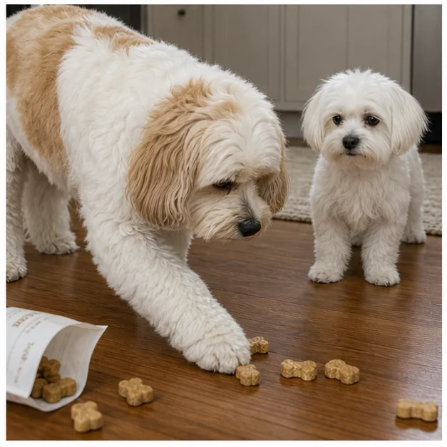 Molly reaches toward a treat while Shaina watches.