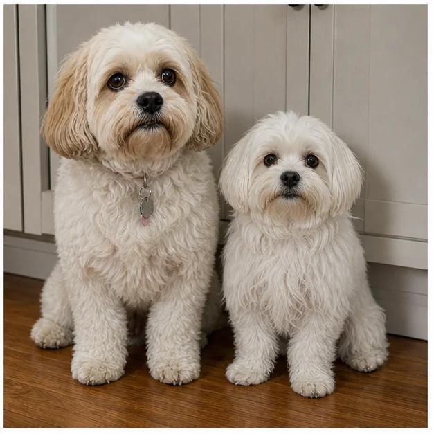 Molly and Shaina sit politely beside the cabinet.