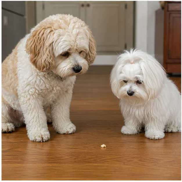 Molly and Shaina sniff the last crumbs together.