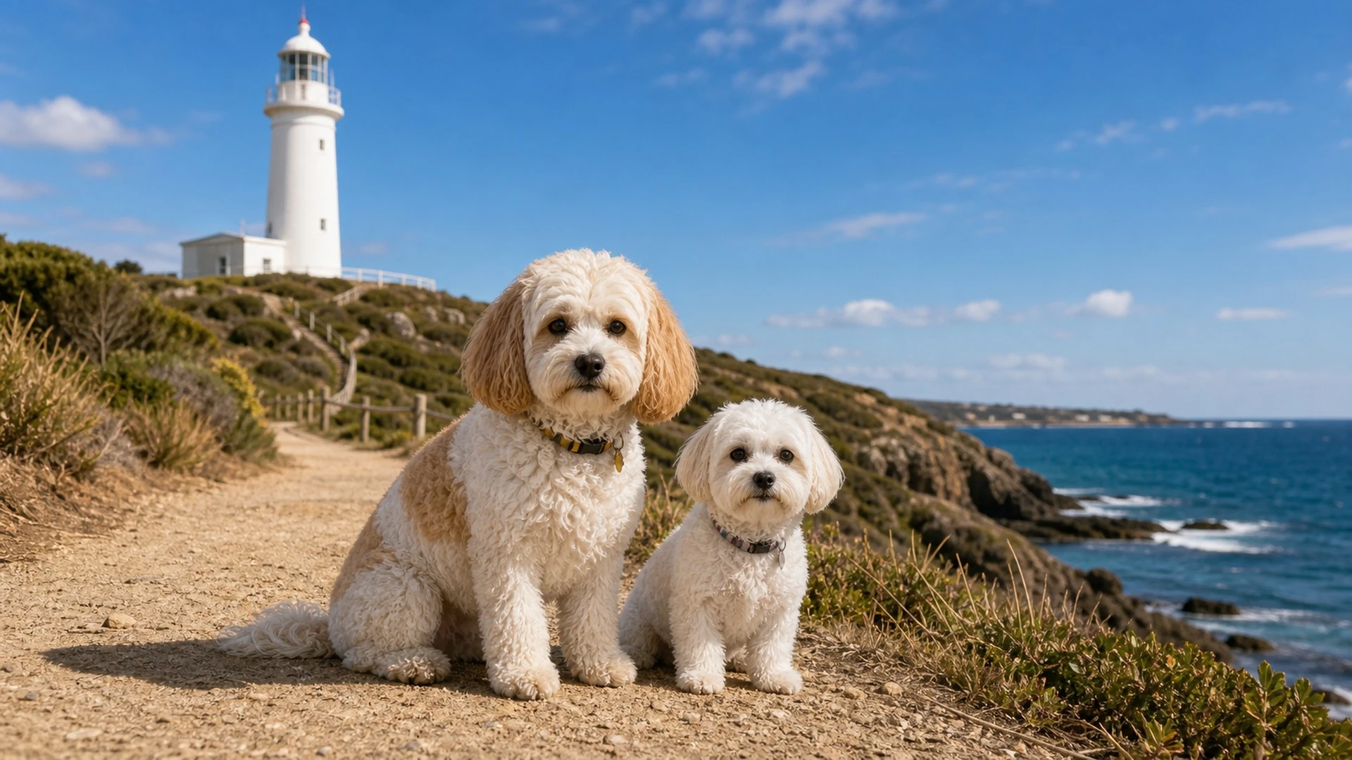 Molly and Shaina together beside a coastal lighthouse