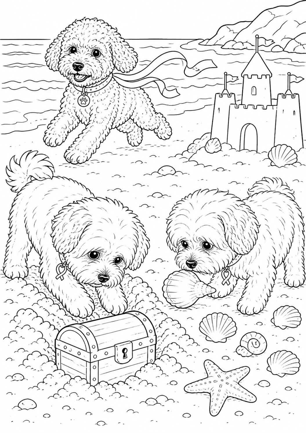 Beach treasure dog colouring page