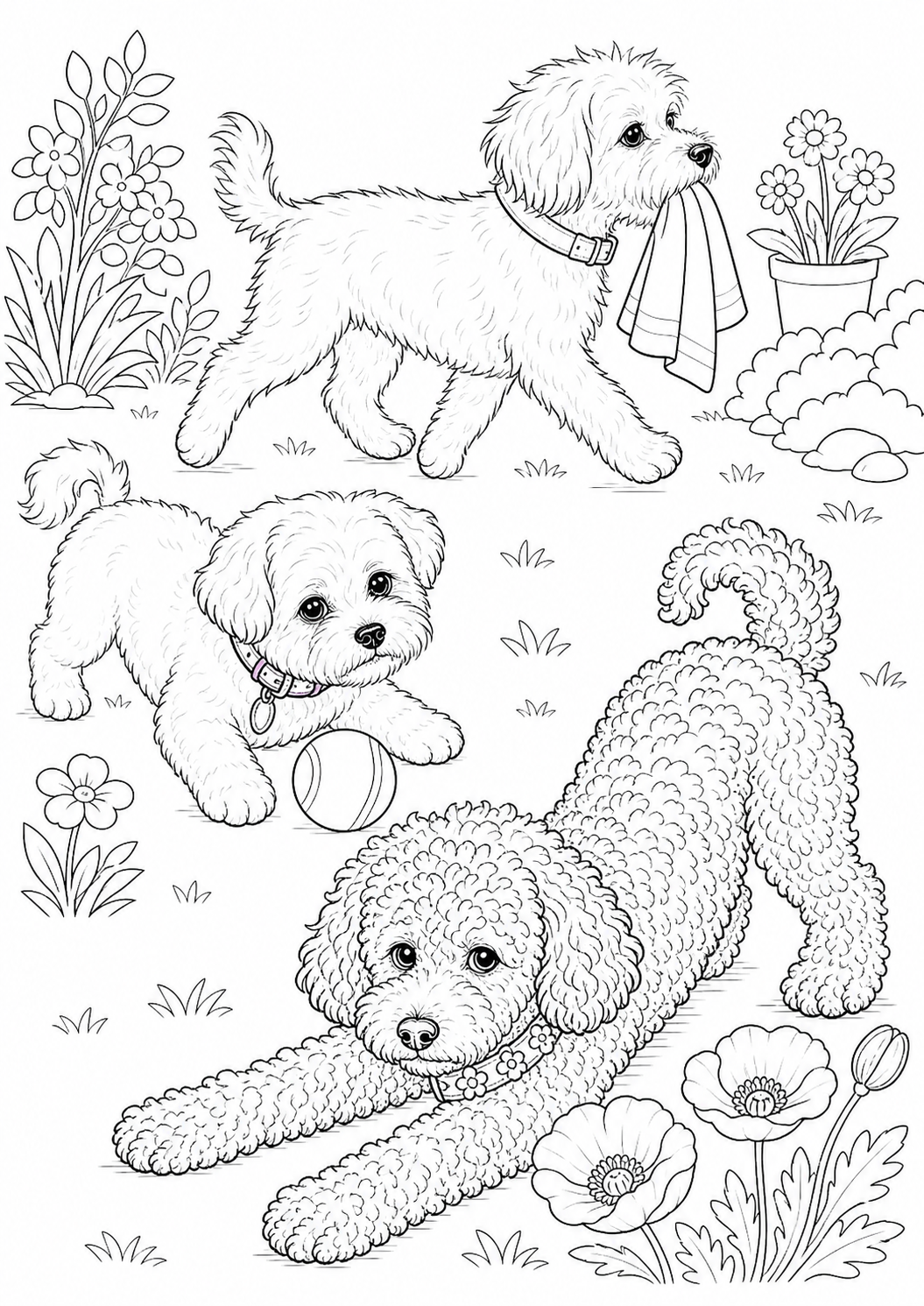 Dog garden colouring page