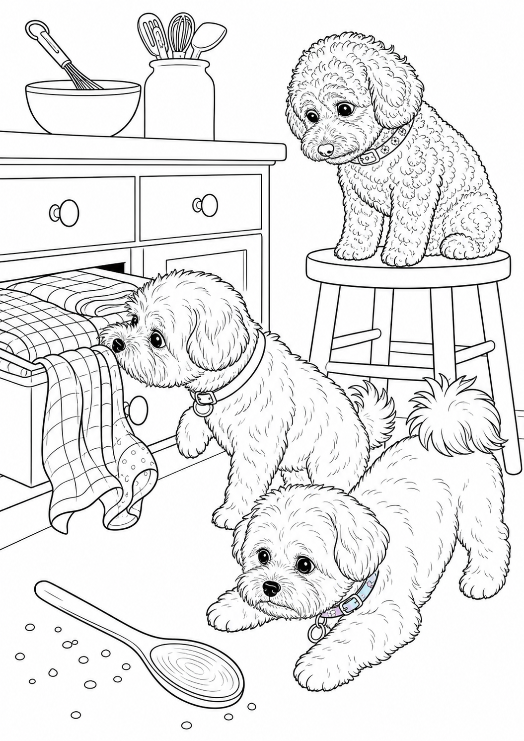 Kitchen caper dog colouring page