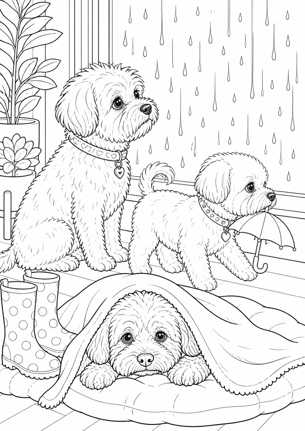 Rainy window dog colouring page