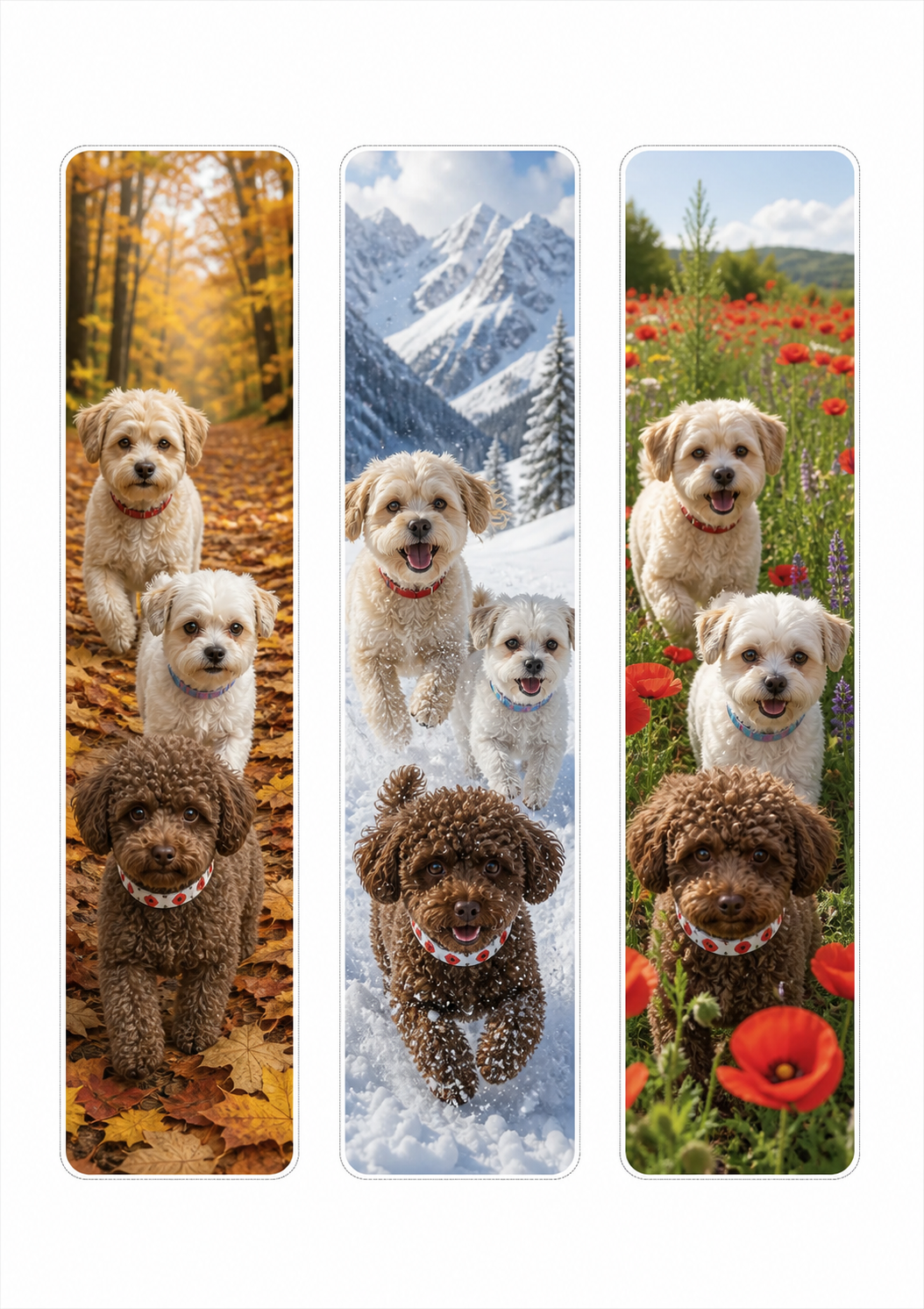 Three full-colour seasonal dog bookmarks