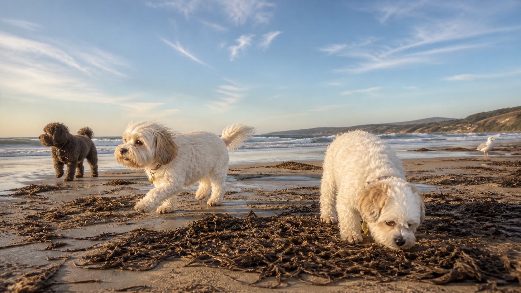 Molly, Shaina, and Poppy exploring a beach