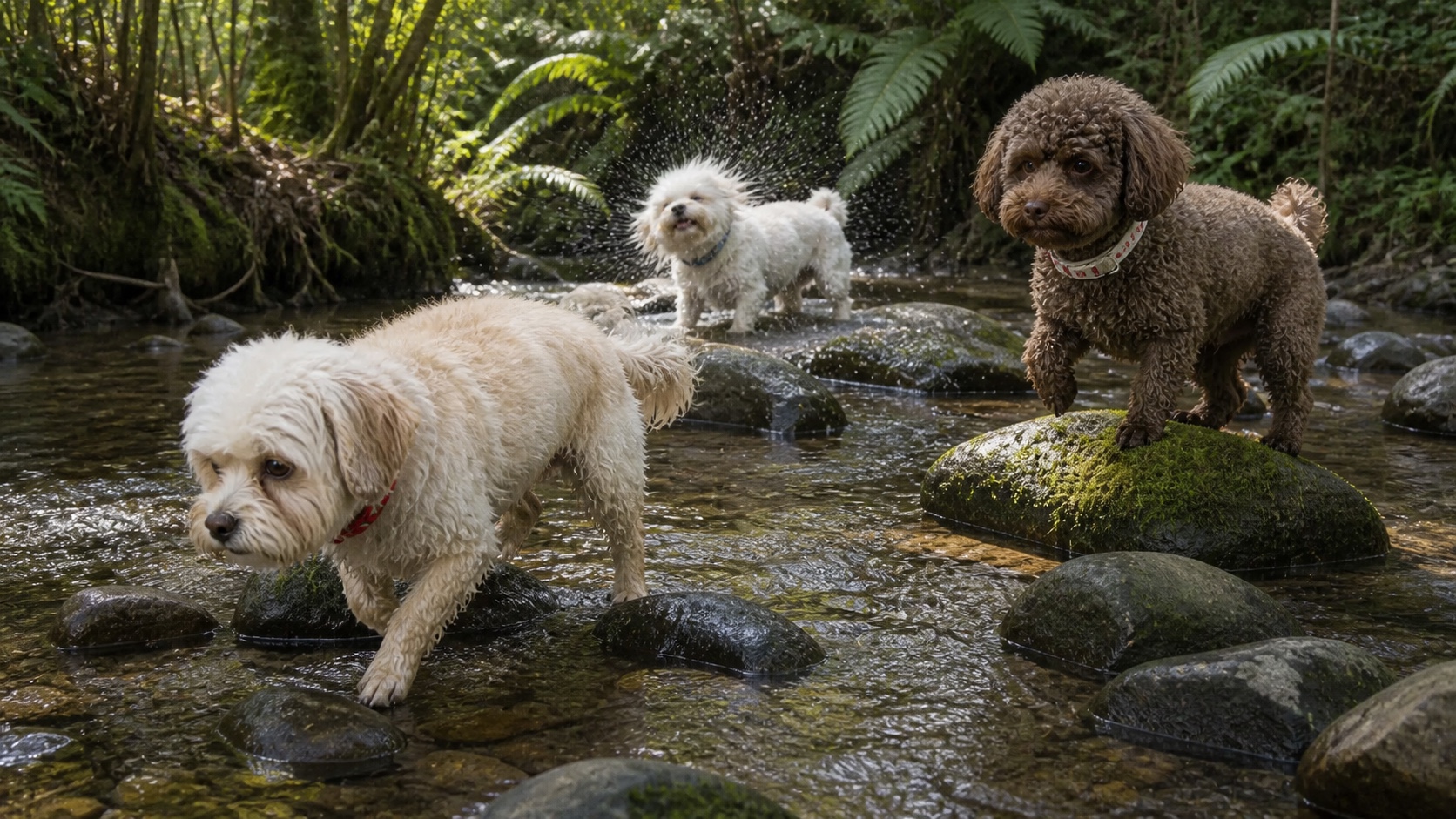 Molly, Shaina, and Poppy crossing a forest creek
