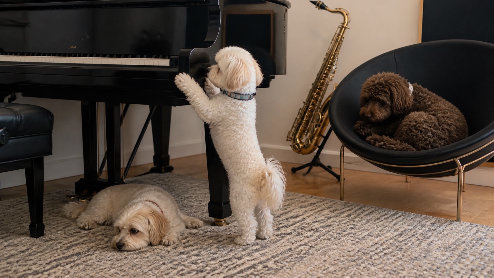 Molly, Shaina, and Poppy relaxing in a music room