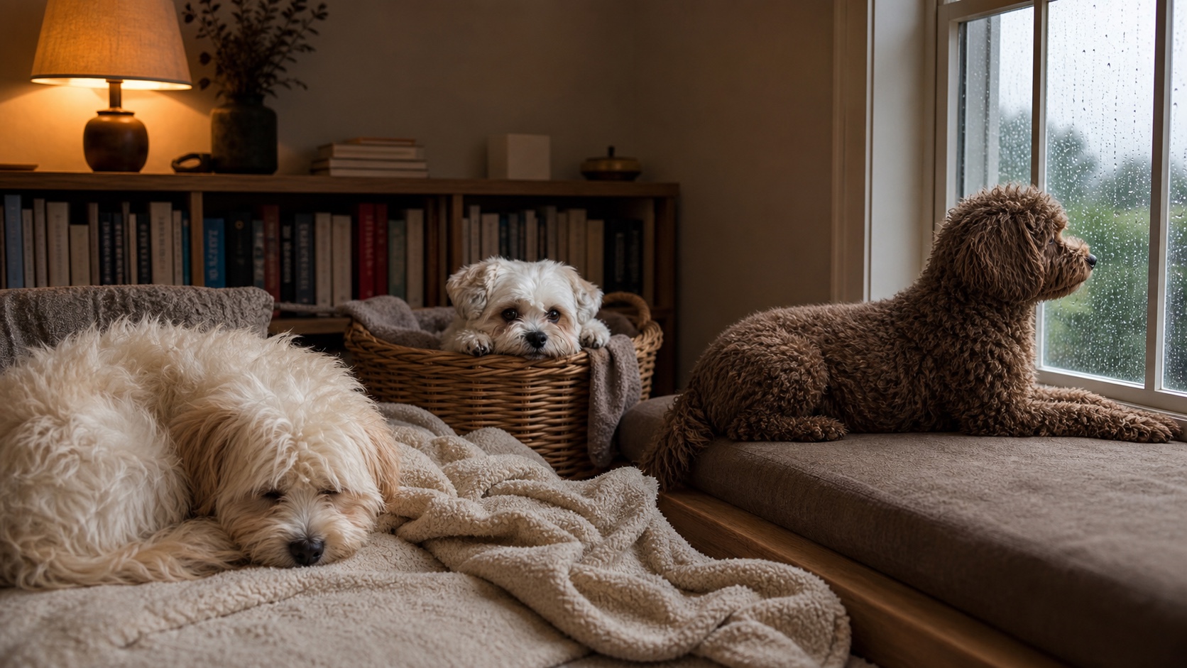 Molly, Shaina, and Poppy relaxing in a rainy reading room