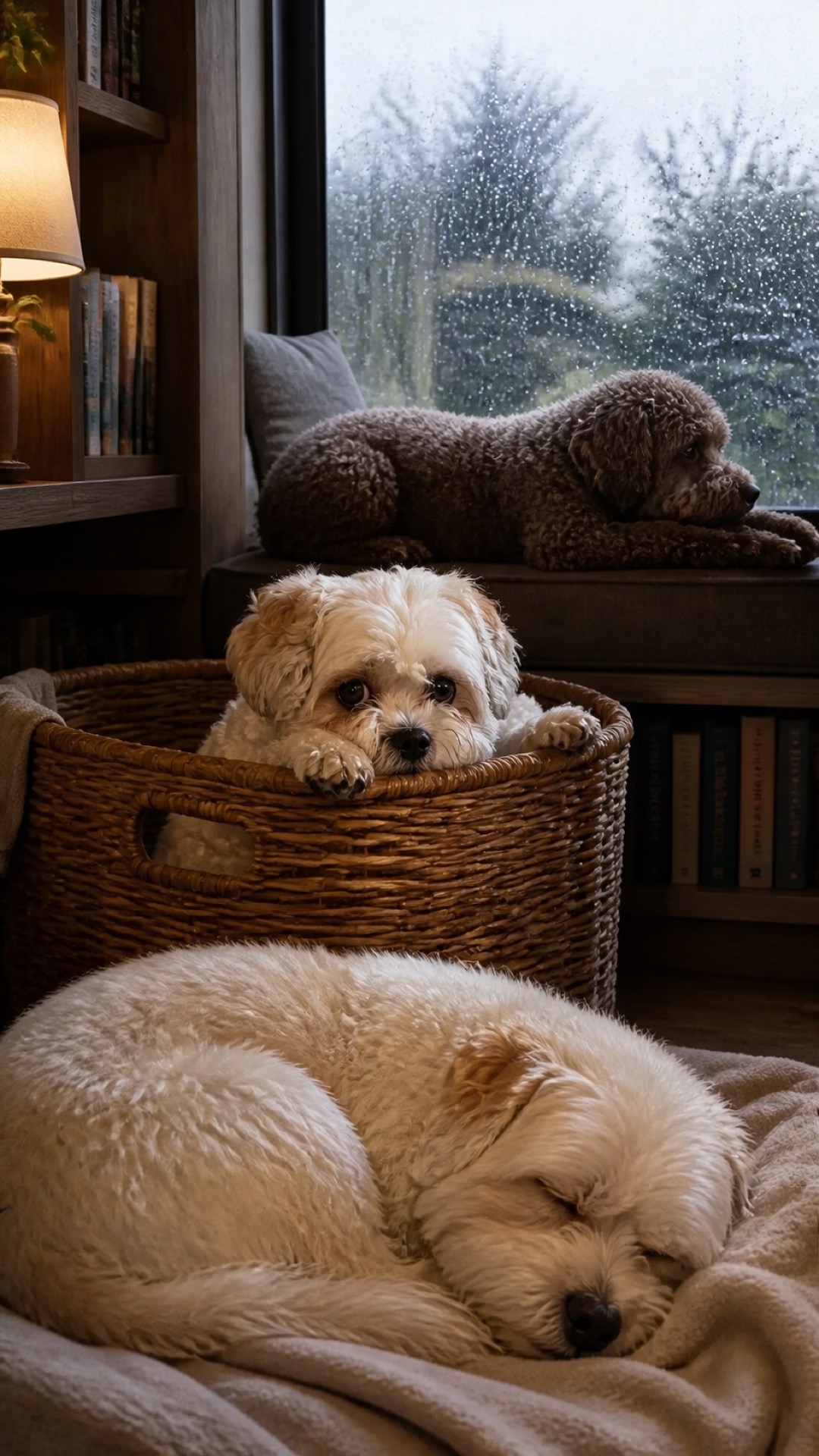 Portrait rainy reading room scene with the three dogs
