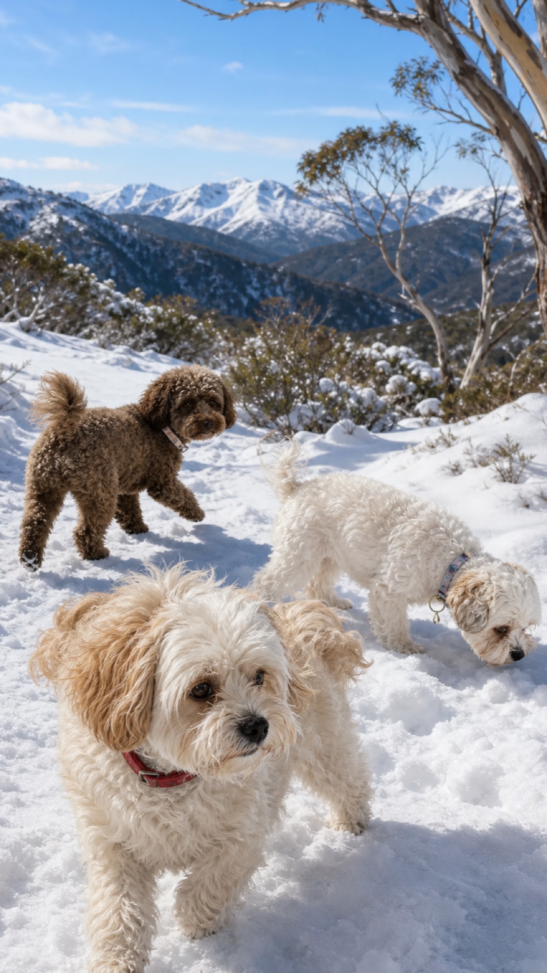 Portrait Snowy Mountains scene with Molly, Shaina, and Poppy